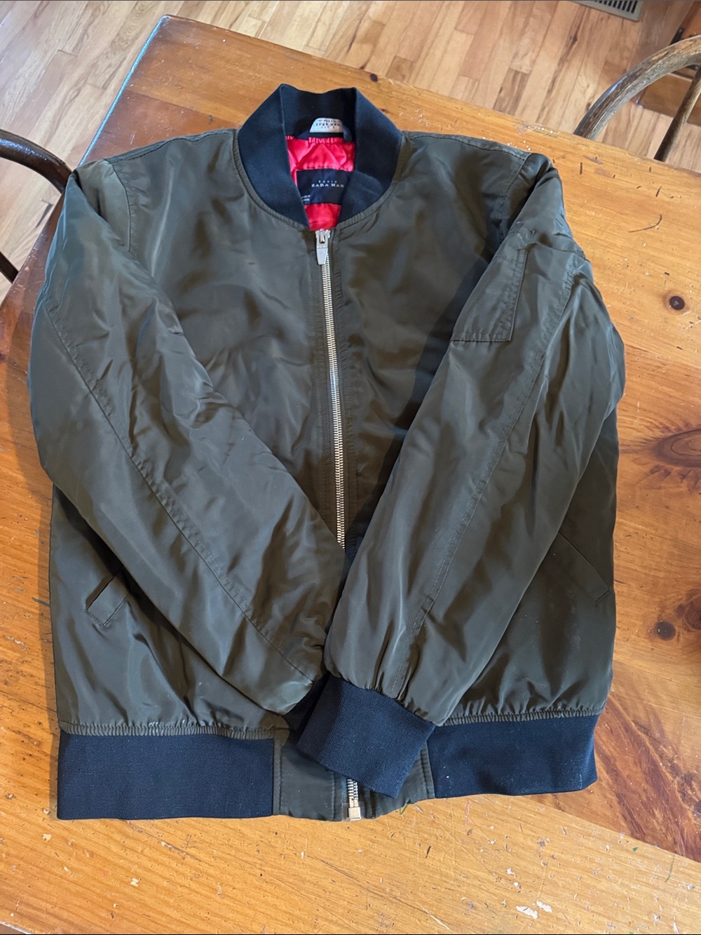 Zara Olive Green Bomber Jacket with Black Trim